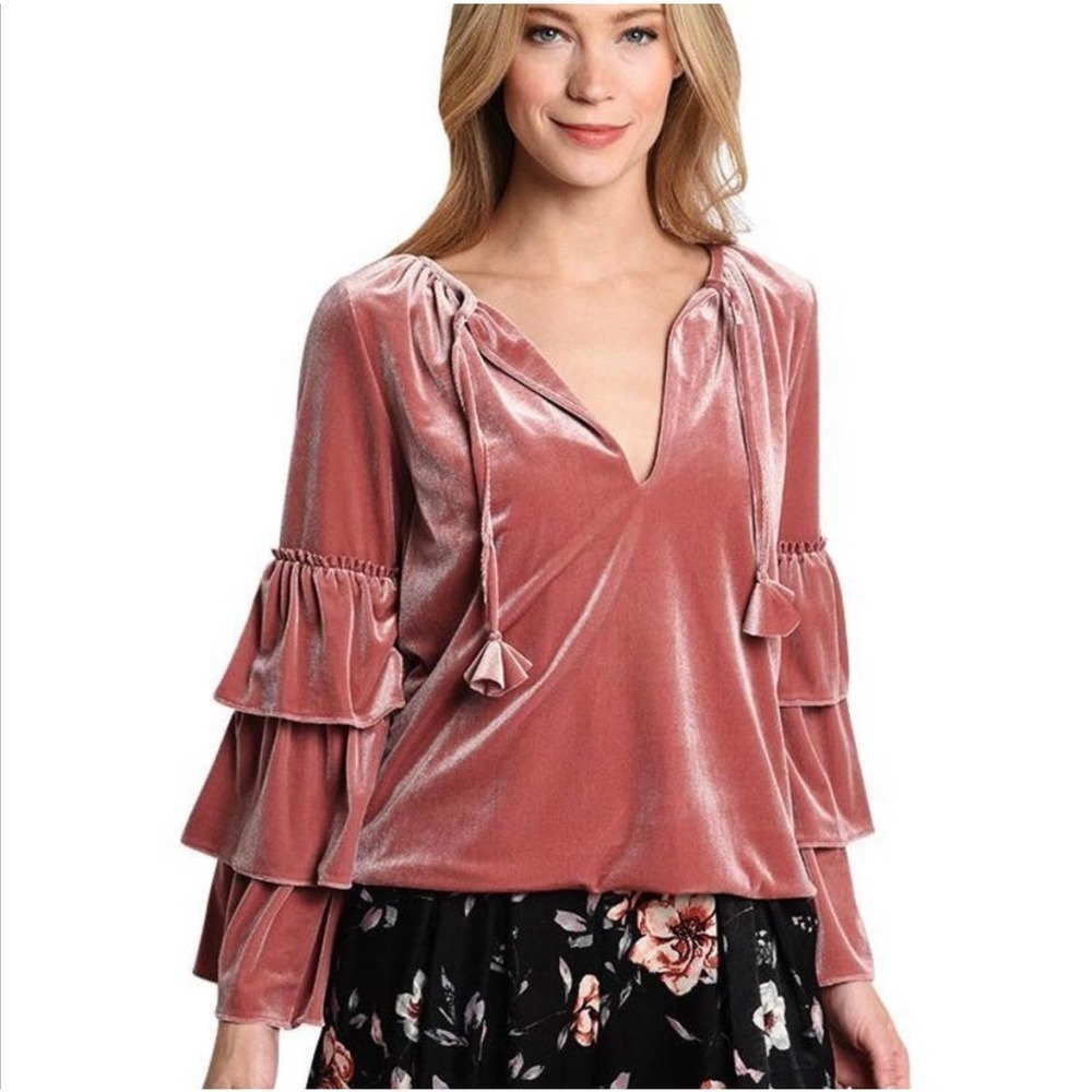 Misa Los Angeles Velour Harlow Pink Velvet Bell Sleeve Peasant Top Xs Statement